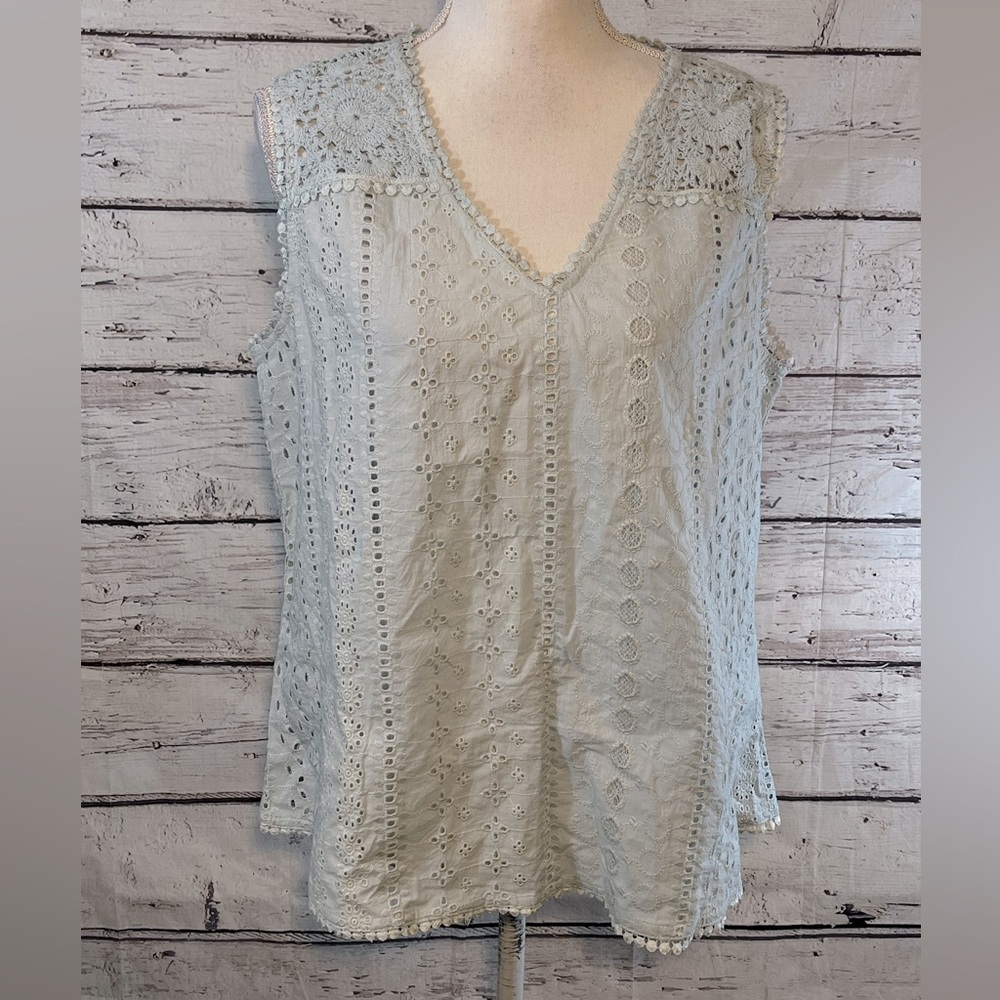 JOIE Tank Top Eyelet w Crochet Shoulders Light Blue-Large - Picture 2 of 3